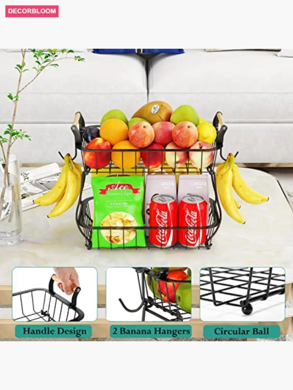 2 Tier Metal Fruit Basket with Banana Hangers, Countertop Storage